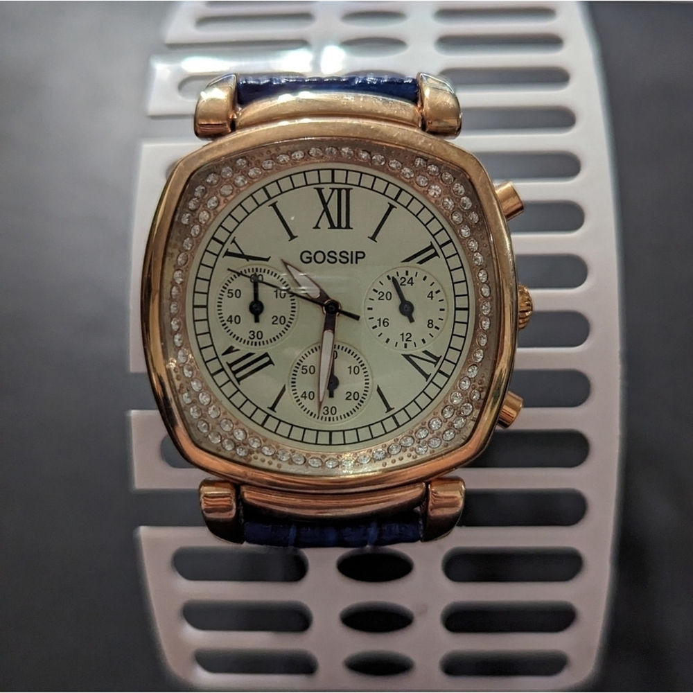 Gossip GSP828 Rhinestone Chronograph Watch Rose Gold Blue Croco Leather Band